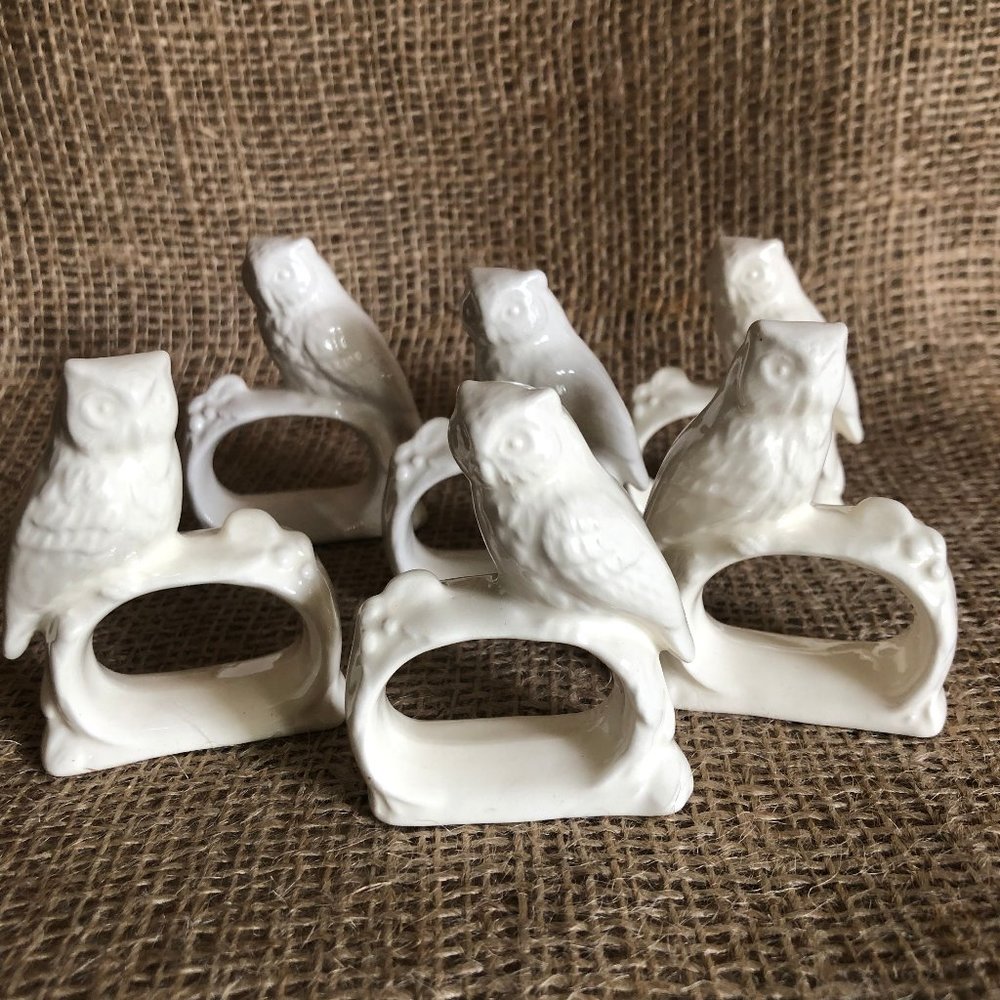 Set of Six Vintage Porcelain Owl Napkin Rings